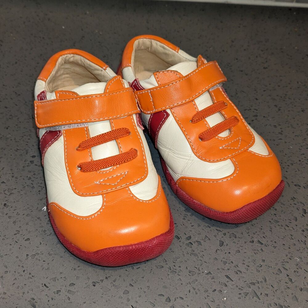 See Kai Run Eleven Kids Leather Sneakers Orange Red Velcro Shoes Sz 10